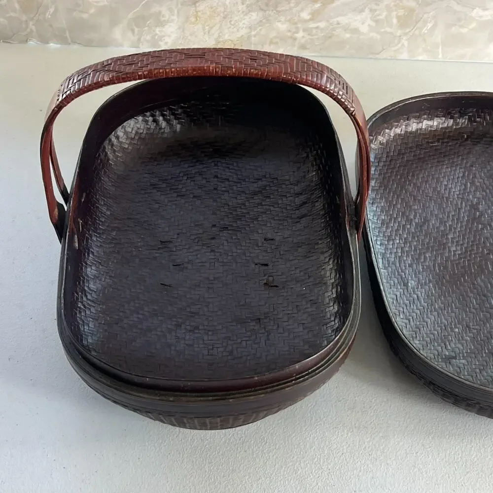 Oriental Chinese Food Bridal Lidded Wicker Bamboo Basket With Handle